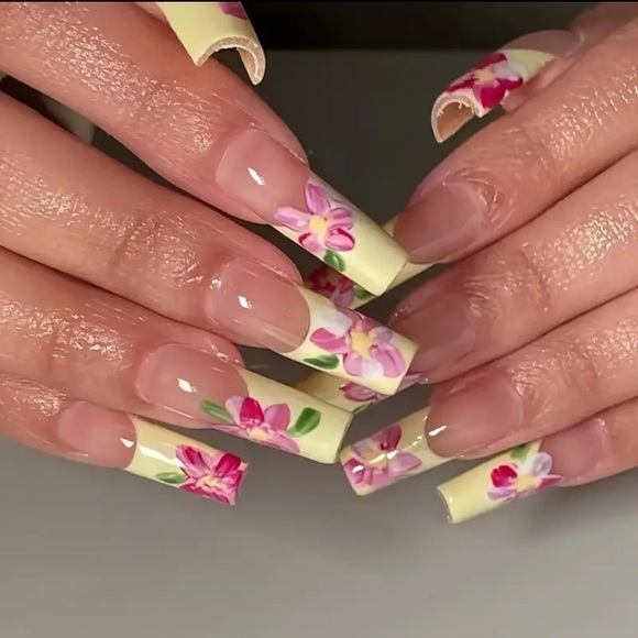 Yellow French Tip & Pink Floral Press On Nail Art Reusable Long Length NWT - Picture 2 of 8